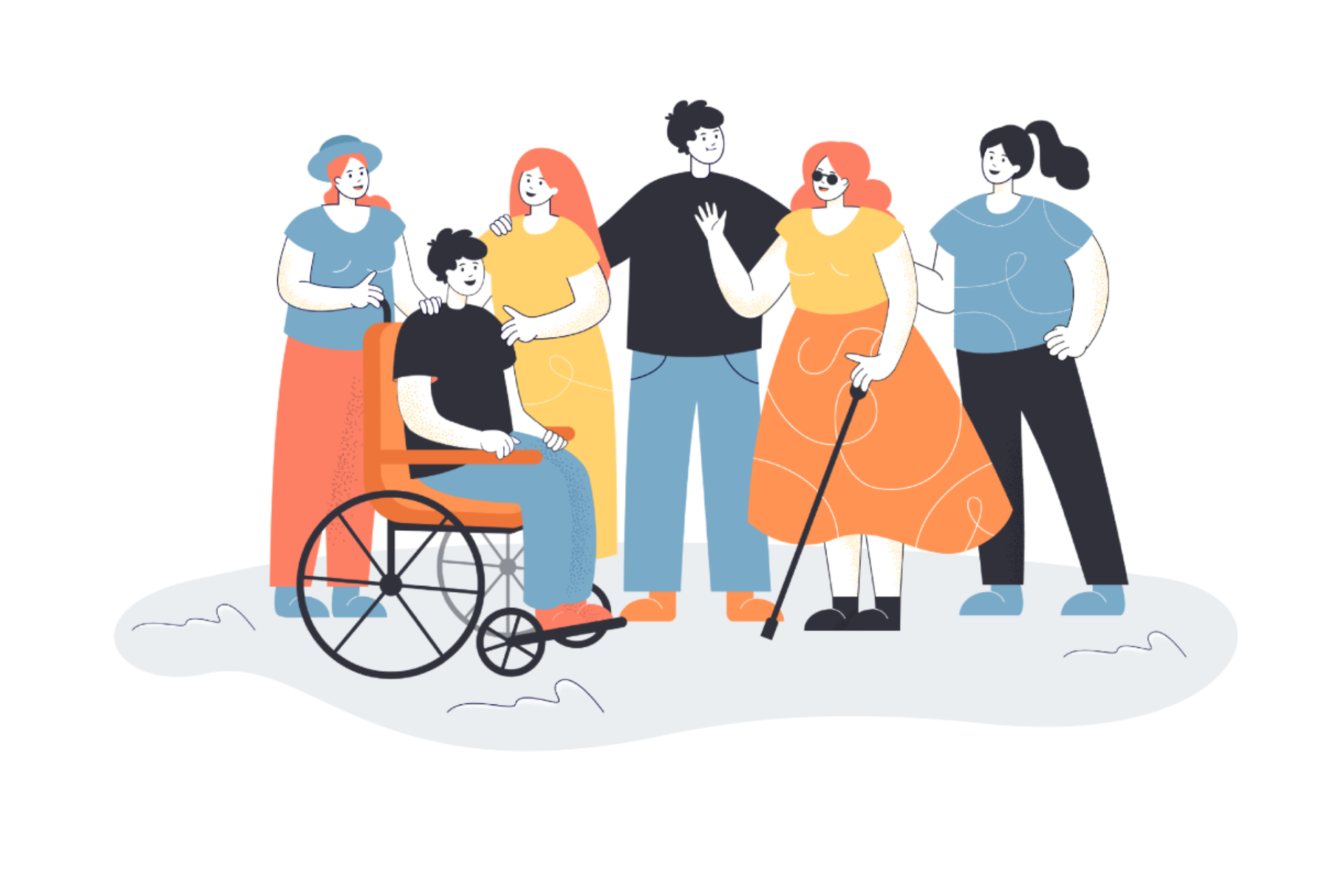 Illustration of people with and without disabilities standing together.